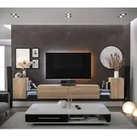 Furnitech Wohnwand Wohnzimmer - Wohnzimmer Möbel mit LED Weiß - Hängend Wohnwand Modern - Wohnzimmer Schrankwand mit Regale und TV Schrank (AN103-21S-M5-1B)