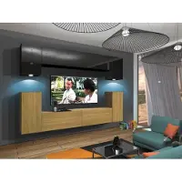 Furnitech Wohnwand Wohnzimmer - Wohnzimmer Möbel mit LED RGB - 16 Farben - Hängend Wohnwand Modern - Regale und TV Schrank (Rodos AN43-17BD-HGM46 1B)