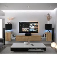 Furnitech Wohnwand Wohnzimmer - Wohnzimmer Möbel mit LED Weiß - Hängend Wohnwand Modern - Regale und TV Schrank (AN105-21BDZ-HGM6 1A)