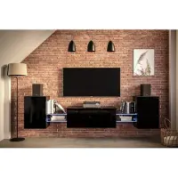 Furnitech Wohnwand Wohnzimmer - Wohnzimmer Möbel mit LED RGB - 16 Farben - Hängend Wohnwand Modern - Wohnzimmer Schrankwand mit Regale und TV Schrank (AN93-21B-HG1-1C)