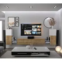 Furnitech Wohnwand Wohnzimmer - Wohnzimmer Möbel mit LED Blau - Hängend Wohnwand Modern - Regale und TV Schrank (AN104-21WDZ-M11 1C)