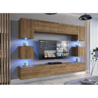 Furnitech Wohnwand Wohnzimmer Möbel (Goldene Eiche) mit LED Weiß - Hängend Wohnzimmerwand Modern - Schrankwand mit Regale und TV Schrank (Nowara AN1-17DZ-M4 1C)