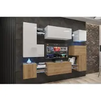 Furnitech Wohnwand Wohnzimmer | Wohnzimmer Möbel mit LED RGB - 16 Farben | Hängend Wohnwand Modern | Wohnzimmer Schrankwand mit Regale und TV Schrank (Albania AN3N-21WDZ-HGM33-1A)