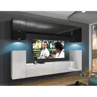 Furnitech Wohnwand Wohnzimmer - Wohnzimmer Möbel mit LED Weiß - Hängend Wohnwand Modern - Regale und TV Schrank (Rodos AN43-17BW-HG28 1B)