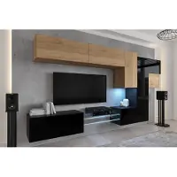 Furnitech Wohnwand Wohnzimmer - Wohnzimmer Möbel mit LED Blau - Hängend Wohnwand Modern - Regale und TV Schrank (AN92NEW-21SB-HGM28)