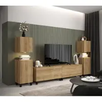 Furnitech Wohnwand Wohnzimmer | Wohnzimmer Möbel mit LED Weiß | Hängend Wohnwand Modern | Wohnzimmer Schrankwand mit Regale und TV Schrank (AN106-21DZ-M4-1B)