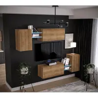 Furnitech Wohnwand Wohnzimmer | Wohnzimmer Möbel mit LED Blau | Hängend Wohnwand Modern | Wohnzimmer Schrankwand mit Regale und TV Schrank (AN97-21DZ-M6 1C)