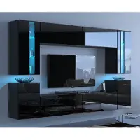 Furnitech Wohnwand Schwarz | Wohnzimmer Möbel mit LED RGB - 16 Farben | Hängend Wohnwand Modern | Wohnzimmer Schrankwand mit Regale und TV Schrank