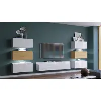 Furnitech Wohnwand Wohnzimmer | Wohnzimmer Möbel mit LED Blau | Hängend Wohnwand Modern | Wohnzimmer Schrankwand mit Regale und TV Schrank (Henri AN72-19WD-HGM6-1B | 316cm)