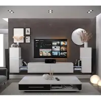 Furnitech Wohnwand Wohnzimmer - Wohnzimmer Möbel mit LED Weiß - Hängend Wohnwand Modern - Regale und TV Schrank (AN104-21W-HG2-1B)