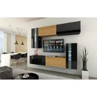 Furnitech Wohnwand Wohnzimmer - Wohnzimmer Möbel mit LED RGB - 16 Farben - Hängend Wohnwand Modern - Regale und TV Schrank (Future C30-HGM-BD-49 1B - 219cm)
