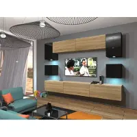 Furnitech Wohnwand Wohnzimmer - Wohnzimmer Möbel mit LED RGB - Hängend Wohnwand Modern - Wohnzimmer Schrankwand(Nowara AN1-17BS-HGM33 1A)
