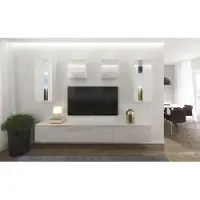 Furnitech Wohnwand Wohnzimmer - Wohnzimmer Möbel mit LED Weiß - Hängend Wohnwand Modern - Regale und TV Schrank (AN291-17W-HG21 1B Groß)