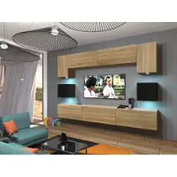 Furnitech Wohnwand Wohnzimmer - Wohnzimmer Möbel mit LED Weiß - Hängend Wohnwand Modern - Wohnzimmer Schrankwand(Nowara AN1-17BS-HGM36 1B)