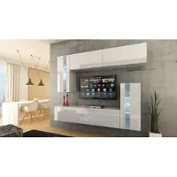 Furnitech Wohnwand Wohnzimmer | Wohnzimmer Möbel mit LED RGB - 16 Farben | Hängend Wohnwand Modern | Wohnzimmer Schrankwand mit Regale und TV Schrank (Future 30/HG/W/2 1A | 203cm)