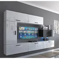 Furnitech Wohnwand Wohnzimmer - Wohnzimmer Möbel mit LED Blau - Hängend Wohnwand Modern - Regale und TV Schrank (Future C10/HG/BW3 1B)