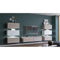 Furnitech Wohnwand Wohnzimmer - Wohnzimmer Möbel mit LED Weiß - Hängend Wohnwand Modern - Regale und TV Schrank (Henri AN72-19SW-HGM-11-1C - 362cm)