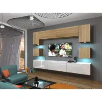 Furnitech Wohnwand Wohnzimmer - Wohnzimmer Möbel mit LED Blau - Hängend Wohnwand Modern - Wohnzimmer Schrankwand(Nowara AN1-17WS-HGM42 1B)