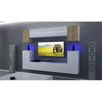 Furnitech Wohnwand Wohnzimmer - Wohnzimmer Möbel mit LED Blau - Hängend Wohnwand Modern - Regale und TV Schrank (AN43-17WS-HGM32 1A)