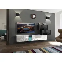 Furnitech Wohnwand Wohnzimmer - Wohnzimmer Möbel mit LED Blau - Hängend Wohnwand Modern - Wohnzimmer Schrankwand mit Regale und TV Schrank (Troja AN85-17BW-HG25-1B)