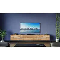 Furnitech TV Lowboard, TV Board hängend, TV Schrank,203 cm, Eiche Wotan, Weiße Kurze Zierleiste M9-24M-DW-LB2-1C
