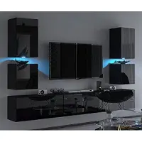 Furnitech Wohnwand Wohnzimmer - Hängend Wohnwand Modern - Regale und TV Schrank - Wohnzimmer Möbel ohne LED (C75-HG-B1 1A Schwarz)