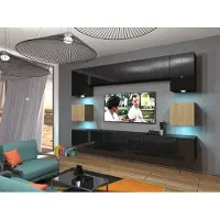 Furnitech Wohnwand Wohnzimmer - Wohnzimmer Möbel mit LED Blau - Hängend Wohnwand Modern - Wohnzimmer Schrankwand(Nowara AN1-17BS-HGM30 1B)