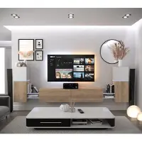 Furnitech Wohnwand Wohnzimmer - Hängend Wohnwand Modern - Regale und TV Schrank - Wohnzimmer Möbel ohne LED (AN104-21WS-HGM8-1A)