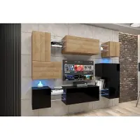 Furnitech Wohnwand Wohnzimmer - Wohnzimmer Möbel mit LED Blau - Hängend Wohnwand Modern - Regale und TV Schrank (Albania AN3N-21DZB-HGM36-1A)