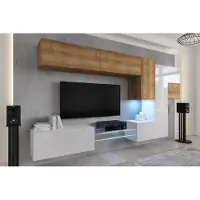 Furnitech Wohnwand Wohnzimmer - Wohnzimmer Möbel mit LED Weiß - Hängend Wohnwand Modern - Wohnzimmer Schrankwand mit Regale und TV Schrank (AN92NEW-21DZW-HGM25)