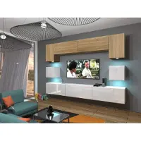 Furnitech Wohnwand Wohnzimmer - Wohnzimmer Möbel mit LED Blau - Hängend Wohnwand Modern - Wohnzimmer Schrankwand(Nowara AN1-17WS-HGM39 1B)