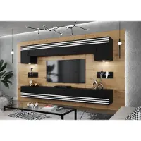 Furnitech Wohnwand Easy, TV Schrankwand 274 cm Schwarz Matt, Weiße Zierleiste, Push-to-Open, Modernes Wohnzimmermöbel Set EX12-25M-B-1+LB