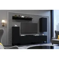 Furnitech Wohnwand Wohnzimmer, Möbel, Hängend Wohnwand Modern, Schrankwand mit Regale, TV Schrank, 219 cm, Schwarz Matt M32-24M-B1
