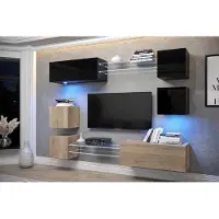 Furnitech Wohnwand Wohnzimmer - Wohnzimmer Möbel mit LED Weiß - Hängend Wohnwand Modern - Wohnzimmer Schrankwand(AN65N-21BS-HGM12)