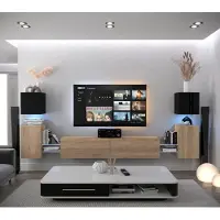Furnitech Wohnwand Wohnzimmer - Wohnzimmer Möbel mit LED Blau - Hängend Wohnwand Modern - Regale und TV Schrank (AN105-21BS-HGM8 1B)
