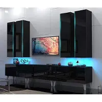 Furnitech Wohnwand Wohnzimmer - Wohnzimmer Möbel mit LED RGB - 16 Farben - Wohnwand Modern - Regale und TV Schrank (Venus AN39-18HG-B1 GS4 Schwarz mit Füßen)