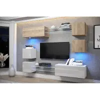 Furnitech Wohnwand Wohnzimmer - Wohnzimmer Möbel mit LED Weiß - Hängend Wohnwand Modern - Regale und TV Schrank (AN65N-21SW-HGM6)