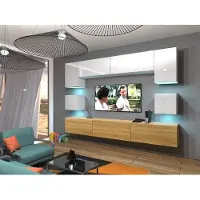 Furnitech Wohnwand Wohnzimmer - Wohnzimmer Möbel mit LED RGB - Hängend Wohnwand Modern - Wohnzimmer Schrankwand(Nowara AN1-17WD-HGM46 1B)