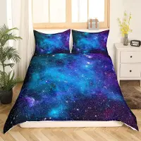 Homewish Bettwäsche-Set Galaxie Sternenhimmel Blau Lila Mikrofaser 135x200 cm