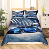 Homewish Bettwäsche Set Rennwagen 220x240 cm Blau 2-teilig Mikrofaser