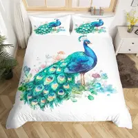 Loussiesd Bettwäsche Set 135x200cm Pfau Blumen Vogel Druck Mehrfarbig Mikrofaser mit 1 Kissenbezug 80x80cm Reißverschluss