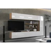 Furnitech Wohnwand 273 cm, Möbel-Set fürs Wohnzimmer, Weiß Hochland, Eiche Sonoma, Moderne Schränke, Regale, Funktionalität, Modell AN142-1B