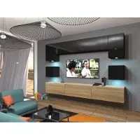 Furnitech Wohnwand Wohnzimmer - Wohnzimmer Möbel mit LED Weiß - Hängend Wohnwand Modern - Wohnzimmer Schrankwand(Nowara AN1-17BS-HGM31 1B)