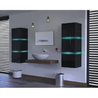 Furnitech ALIUS 14 II Badezimmer Bademöbel Badeschränke Spiegel Set (Möbel ohne LED, Schwarz)
