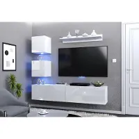 Furnitech Wohnwand M30 Pura 182 cm Weiß Hochglanz mit Weiß LED – TV Schrank mit Push-to-Open M30-25W-HG2