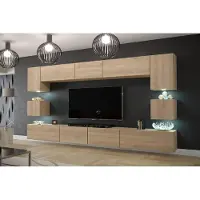 Furnitech Wohnwand Wohnzimmer Möbel (Sonoma Eiche) mit LED Blau - Hängend Wohnzimmerwand Modern - Schrankwand mit Regale und TV Schrank (Nowara AN1-17S-M50 1C)