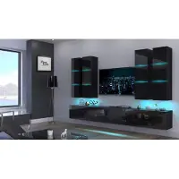 Furnitech Wohnwand Wohnzimmer - Wohnzimmer Möbel mit LED Weiß - Hängend Wohnwand Modern - Regale und TV Schrank (Future Malaga AN40-18HG-B1 1A - ohne Füße)