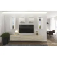 Furnitech Wohnwand Wohnzimmer - Wohnzimmer Möbel mit LED Weiß - Hängend Wohnwand Modern - Regale und TV Schrank (AN291-17WS-HGM32 1A Klein)