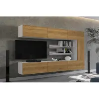 Furnitech Wohnwand 249 cm, Möbel-Set fürs Wohnzimmer, Eiche Gold, Weiß Matt, Moderne Schränke, Regale, Funktionalität, Modell AN142-1A