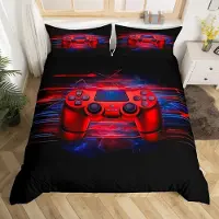 Homewish Bettwäsche Set 135x200 cm 2-teilig mit Kissenbezug 80x80 cm, Mikrofaser, Gaming Controller Design, Rot/Schwarz